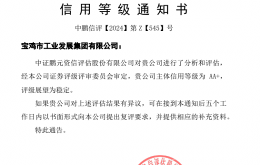 喜 报 —— 宝鸡市工业发展集团有限公司成功获得AA+级主体信用评级
